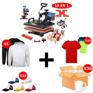 Pack Sublimadora 15 en 1 + Jockey + Poleras + Polerones + Tazas